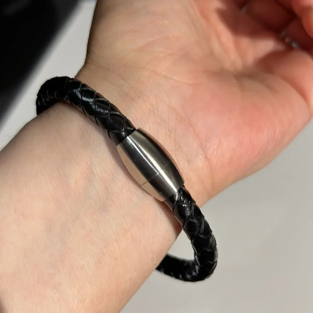 Braided Leather Bracelet Silver Tone & Red | Magnet Clasp